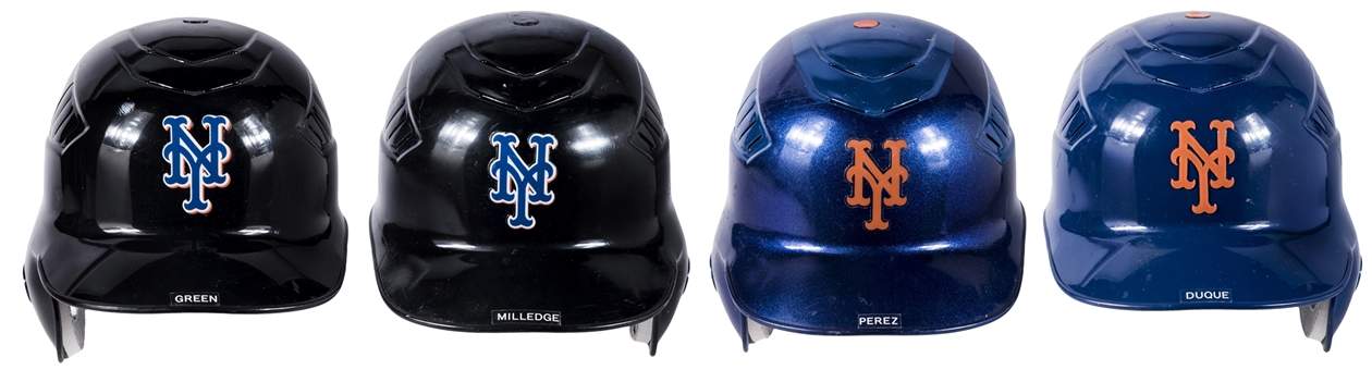 Lot of (4) New York Mets Game Used Batting Helmets: Green, Milledge, Perez & O. Hernandez (Mets-Steiner & MLB Authenticated)